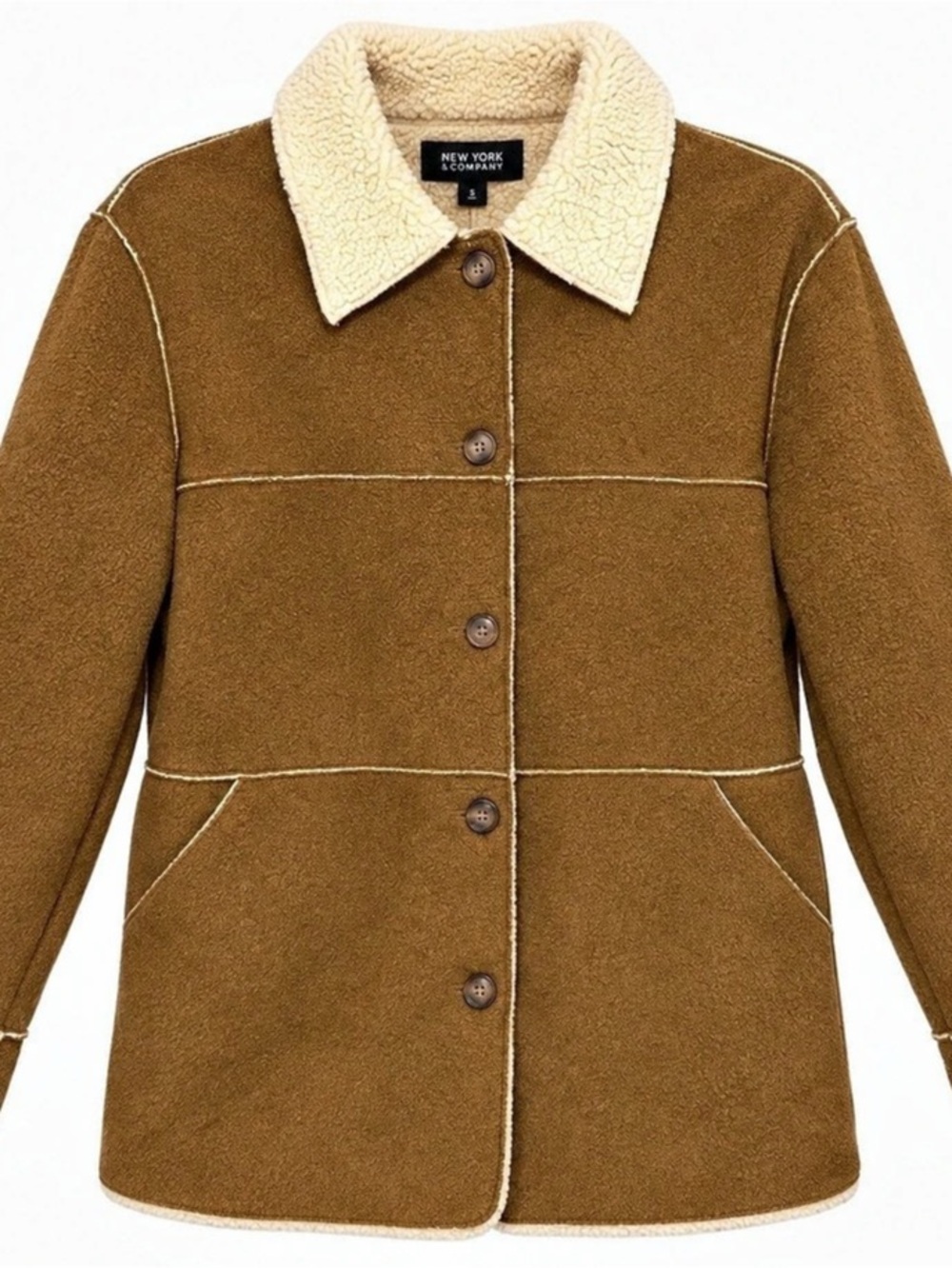 New York & Company Faux Suede Sherpa-Trim Jacket Brown XL